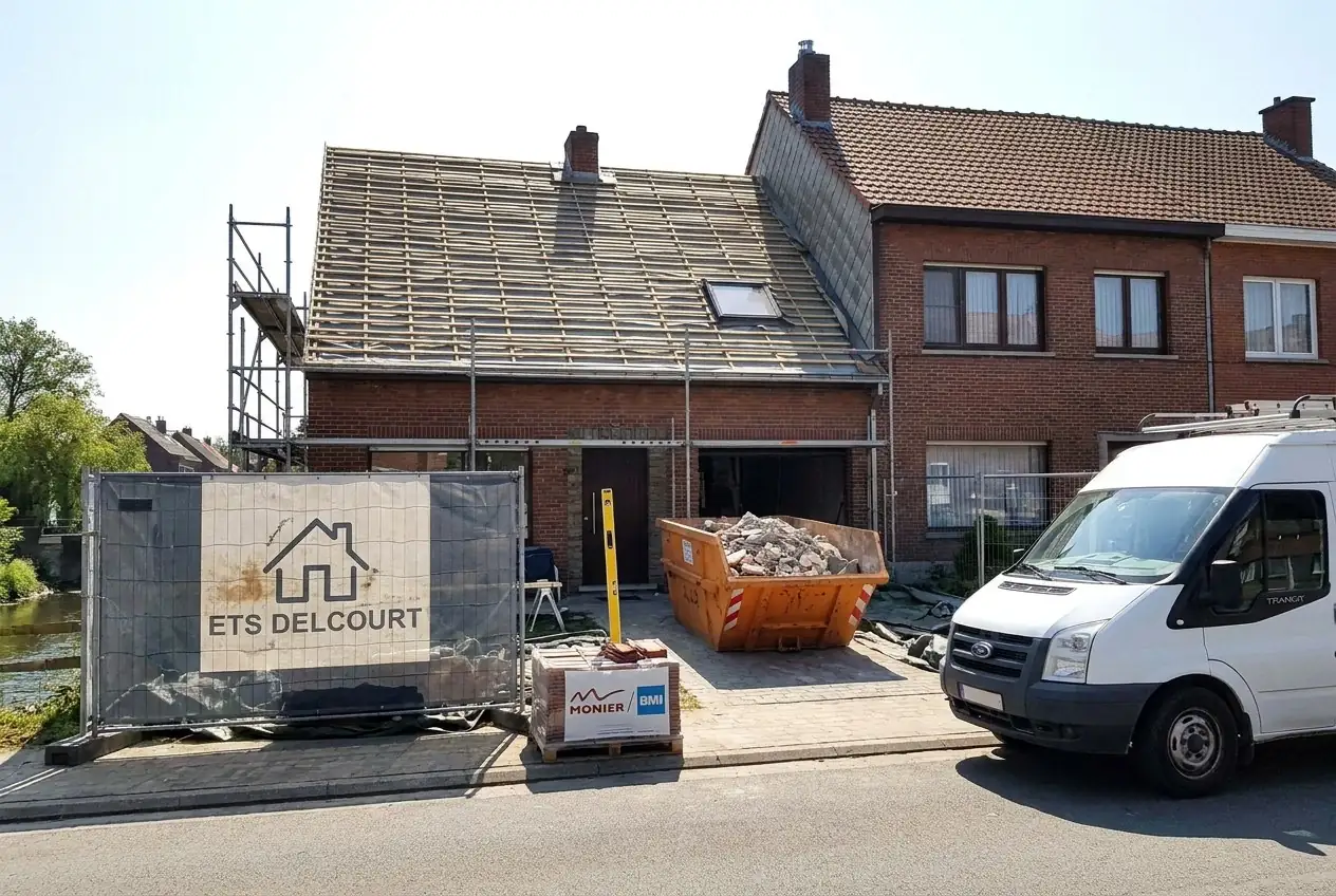 Chantier de rénovation de toiture Ets Delcourt : échafaudage, toiture découverte, conteneur et bâche au nom de l'entreprise