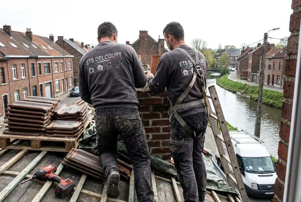 Deux couvreurs Ets Delcourt sur une toiture en rénovation, tuiles sur palette, la Dyle en contrebas