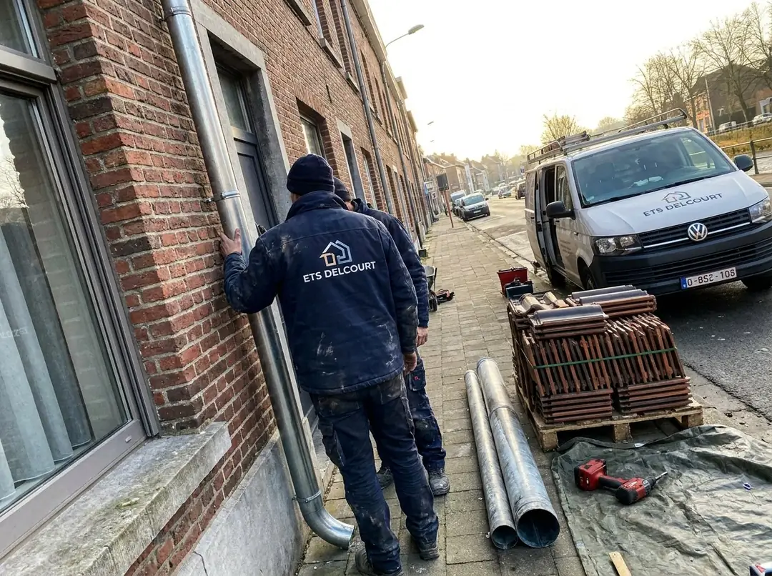 Équipe Ets Delcourt préparant des descentes en zinc le long d'une façade