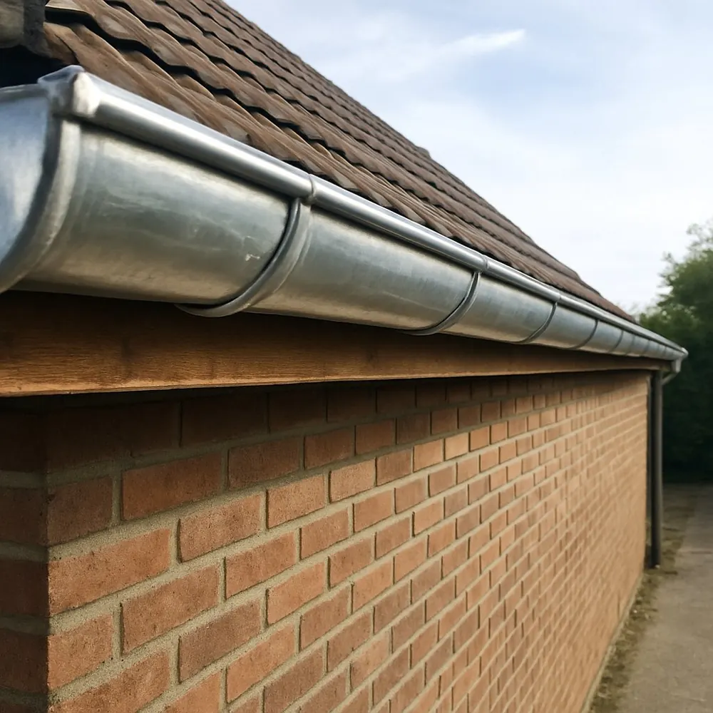 Gouttière en zinc neuve posée sur une façade en briques