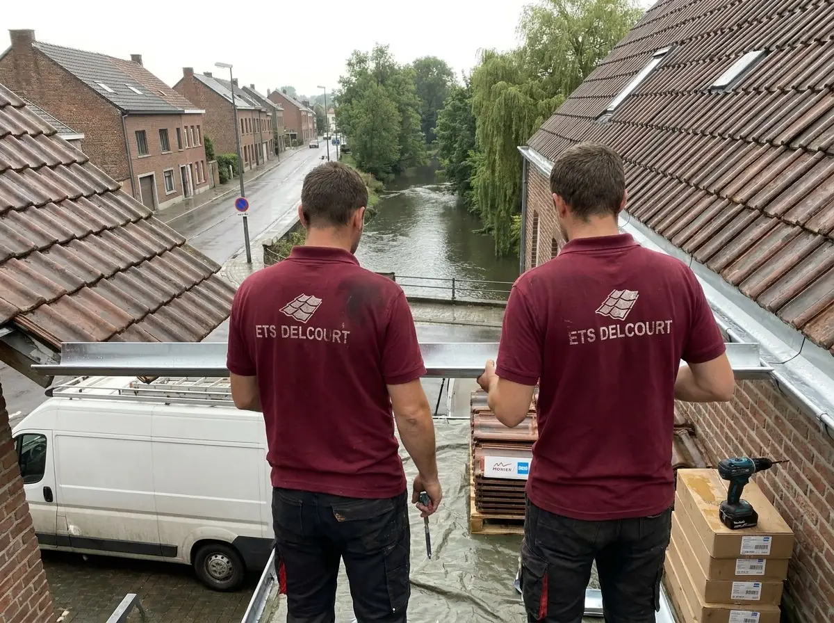 Deux zingueurs Ets Delcourt en polo bordeaux posent une gouttière en zinc, au bord de la Dyle